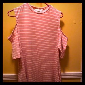 Pink and white striped dress with no shoulders